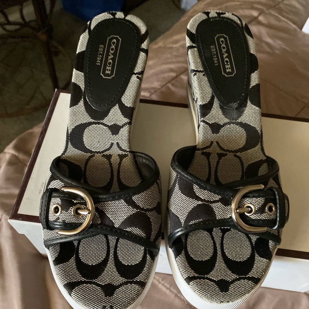 Coach logo slide sandal wedge NWOT